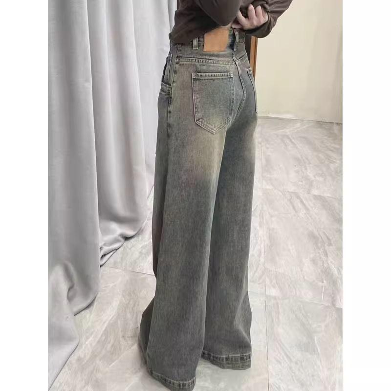 Women's High-Waist Retro Wide-Leg Jeans - American Streetwear Style, Spring/Autumn, Loose, Floor-Length, Slimming Fit