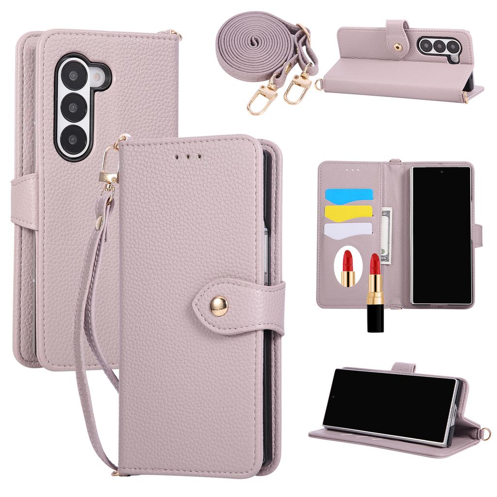 Crossbody Flip Leather Wallet Case with Mirror Card Holder Lanyard Strap Cover for Samsung Galaxy Z Fold 7 6 5 Fold7 Fold6 5G