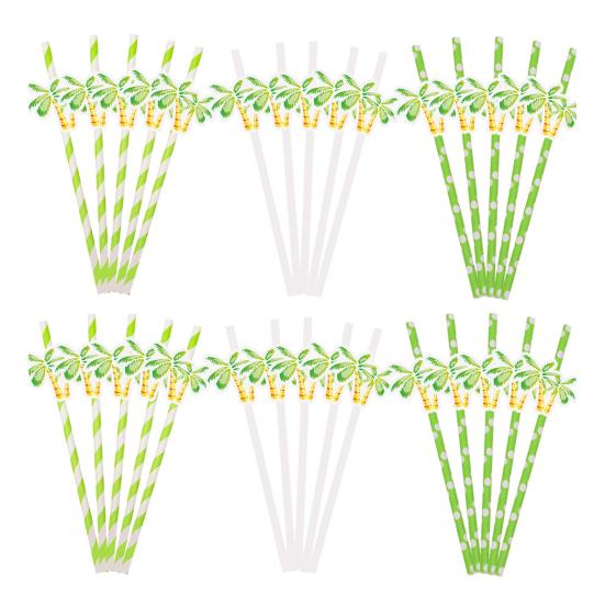 20Pcs Disposable Paper Straws, Hawaiian Palm Tree Party Drink Straws, Cocktail Paper Straws, Green Coconut Summer Decor