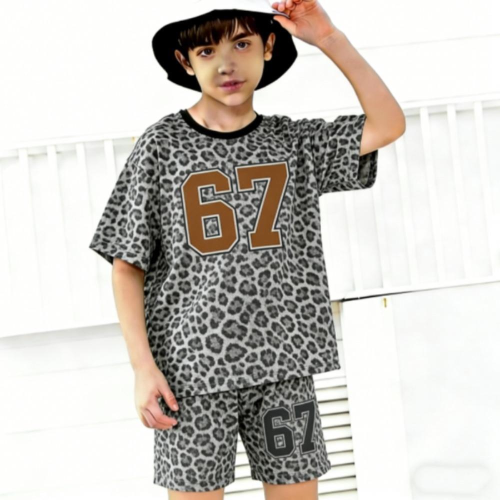 Number 67 Leopard Colored Printed Kids T-shirt and Shorts 2 Piece Set Summer Casual Outfit for Boys and Girls Kids Clothing Top