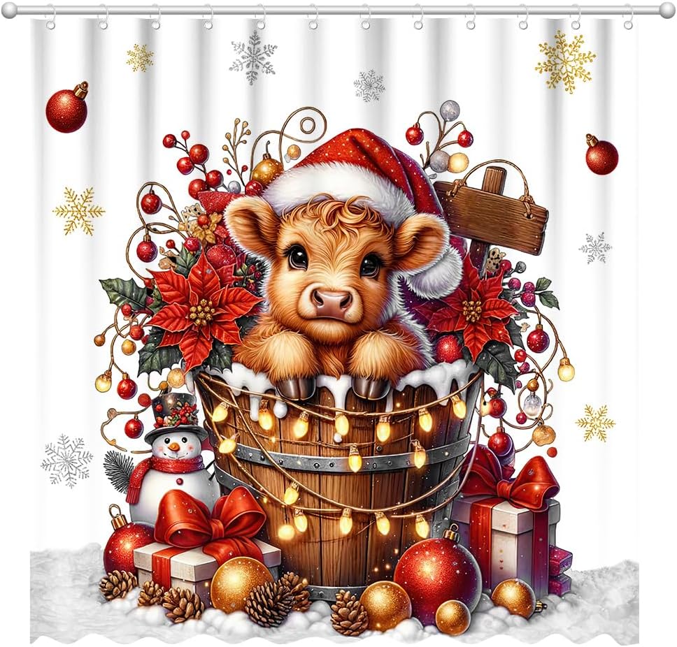 Christmas Highland Cow Shower Curtain Merry Christmas Home Bathroom Decorations Western Rustic Farmhouse Bathtub Curtain Set