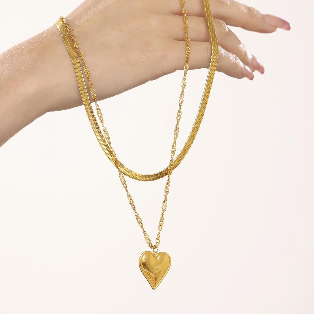 Qiong Yao 18K Gold Plated Stainless Steel Double Layer Heart Necklace with Water Ripple Chain