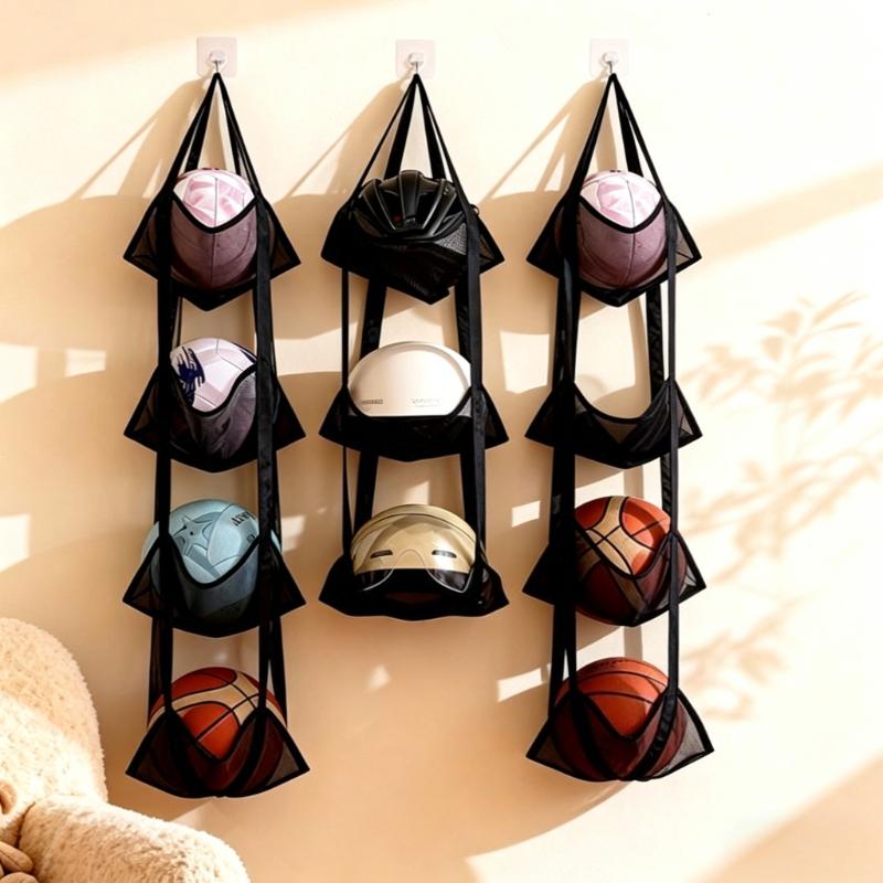 2 Pcs Foldable Multilayer Ball Storage Baskets, Basketball Doorway Hanging Storage Bags, 3 Layer + 4 Layer Racks