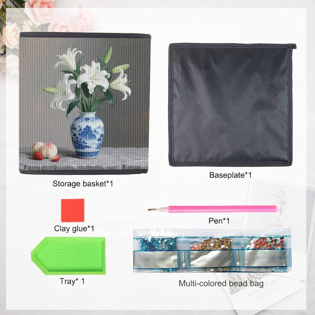 Weiße Lilien 5D Diamantmalerei Aufbewahrungskorb Vollrundbohrer Mosaik Diamantstickerei Kreuzstich-Kits Heimdekoration Heimdekoration