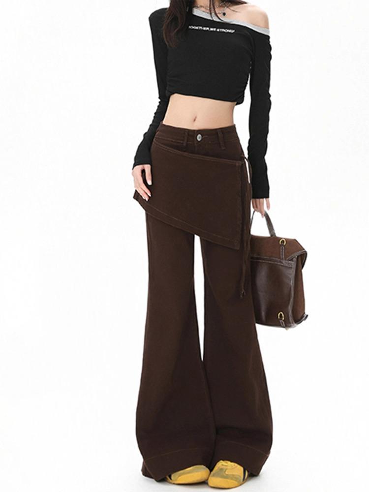 Women's Autumn Brown Faux Two-Piece High-Waisted Micro-Flare Jeans with Mallard-Inspired Wide-Leg Design