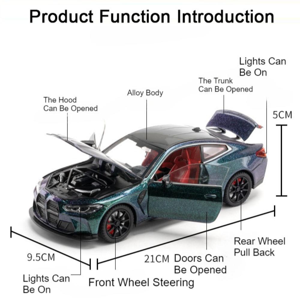 1:24 Scale M3 M4 Car Model Toy Diecast Metal Doors Opened Wheel Steering Miniature Racing Cars Models Sound Light Toys for Boys