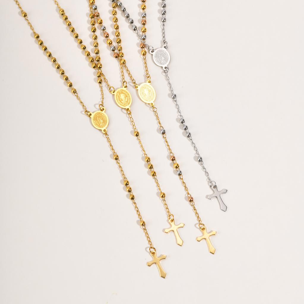 Edelstahl Rosenkranz Halskette Für Frauen, Lange Kette Jungfrau Maria Y-Form Vergoldet Katholisch Religiöser Schmuck