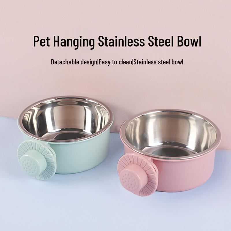 Anti-Tip Hanging Dog Bowl Cage with Stainless Steel Water Bowl Combo