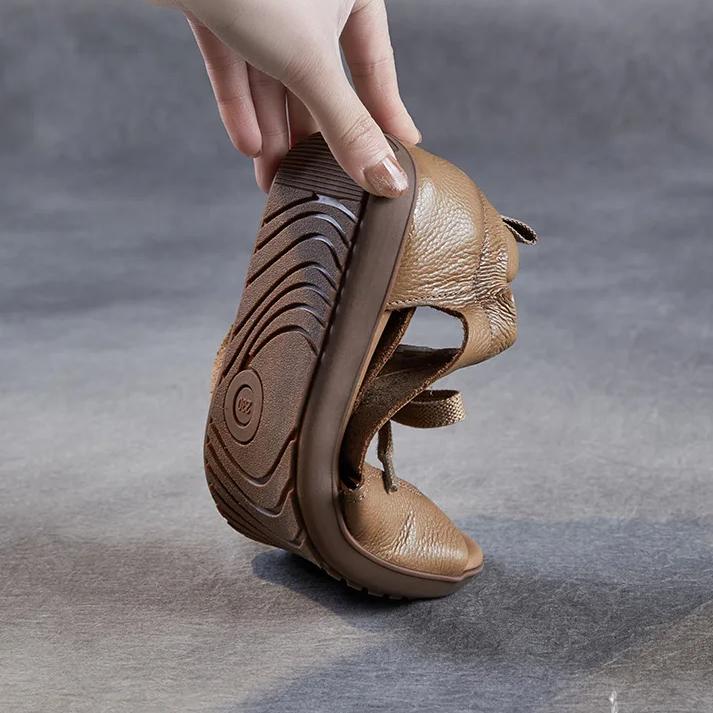 Johnature Sandalias Peep Toe de Cuero Genuino Retro de Suela Plana con Cordones Zapatos de Mujer de Suela Blanda