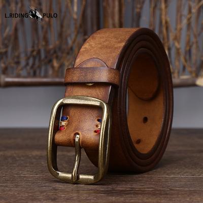 Ceinture en Cuir pour Homme Vintage Fait Main Couche Supérieure Pur Cuir de Vache Boucle en Cuivre Ceinture en Cuir pour Jeans