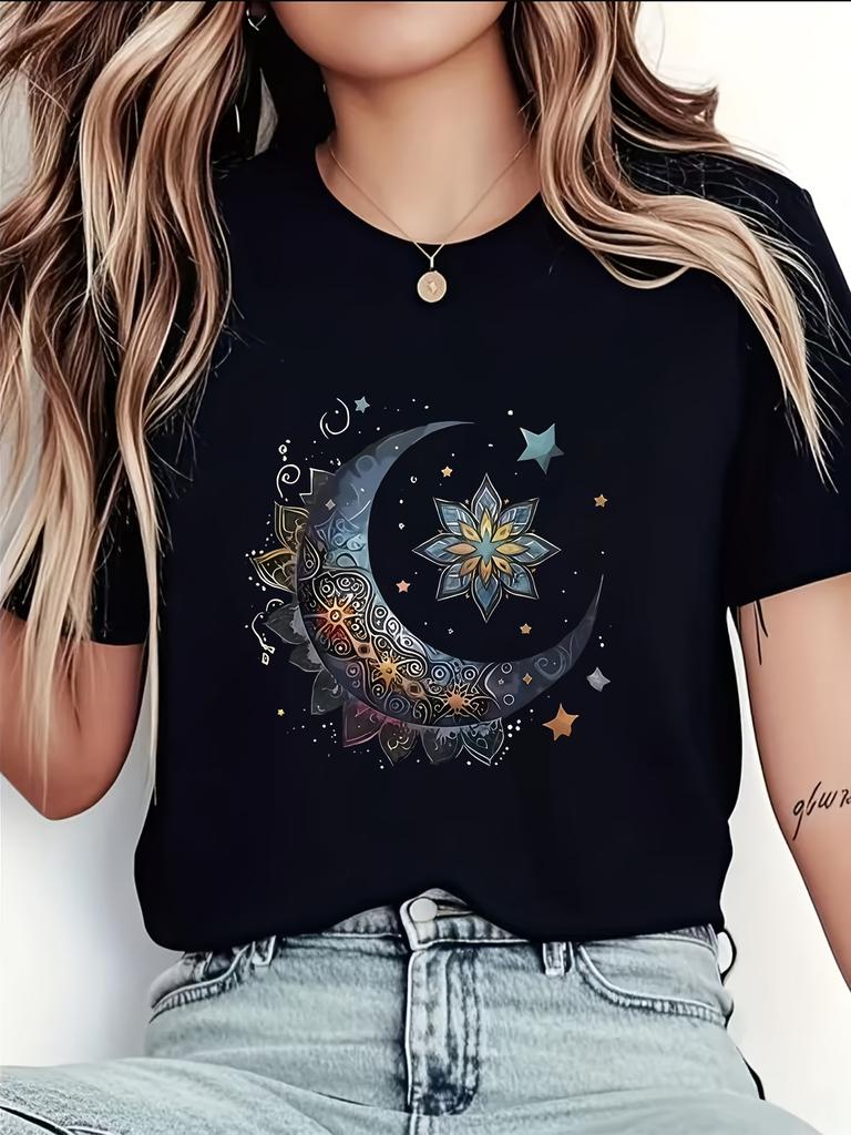 Crew Neck Moon And Star Print Shortsleeved Tshirt Unisexs Fashion Funny T Shirt Vintage Style Y2k Tees Tops Clothes Femme 90s