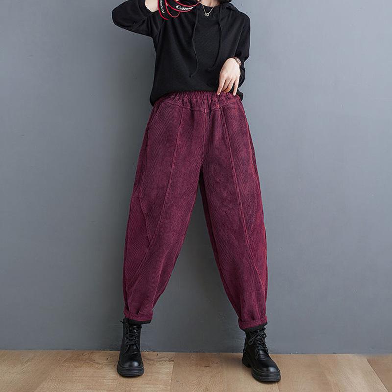 2024 Dámské manšestrové harémové kalhoty plus size - Fialové, Zesílený samet, Elastický pas, na jaro, podzim, zimu.