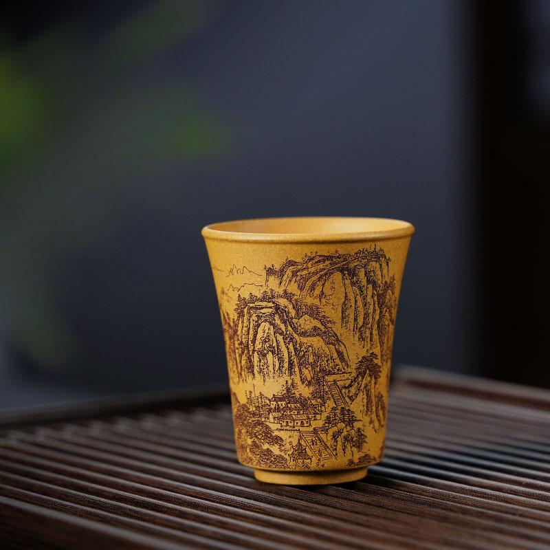 

40ml Exquisite Yixing Purple Clay Tea Cup Raw Ore Section Mud Master Cup Carved Mountains Smelling Fragrant Mug Zisha Tea Set