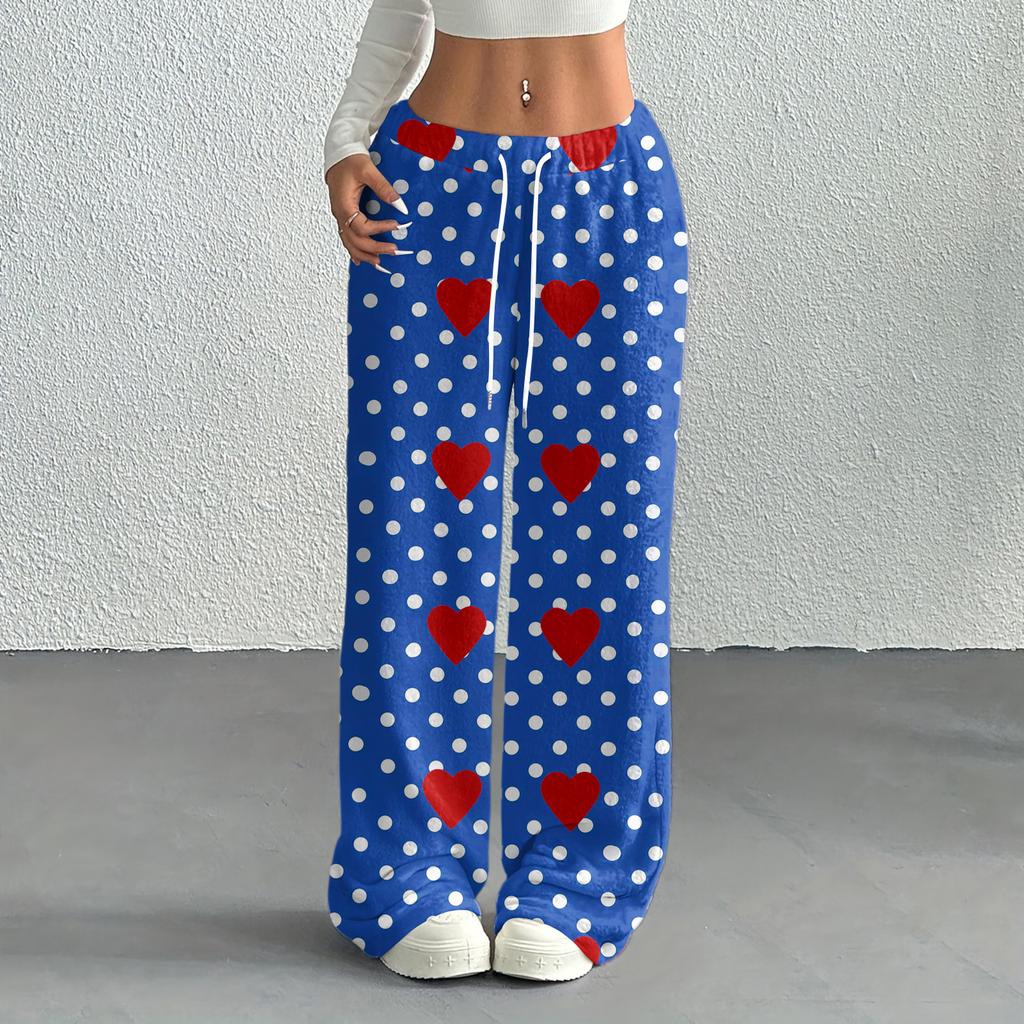Women's Casual Fashion Printed Elastic Waist Loose Straight Leg Pants With Rope
