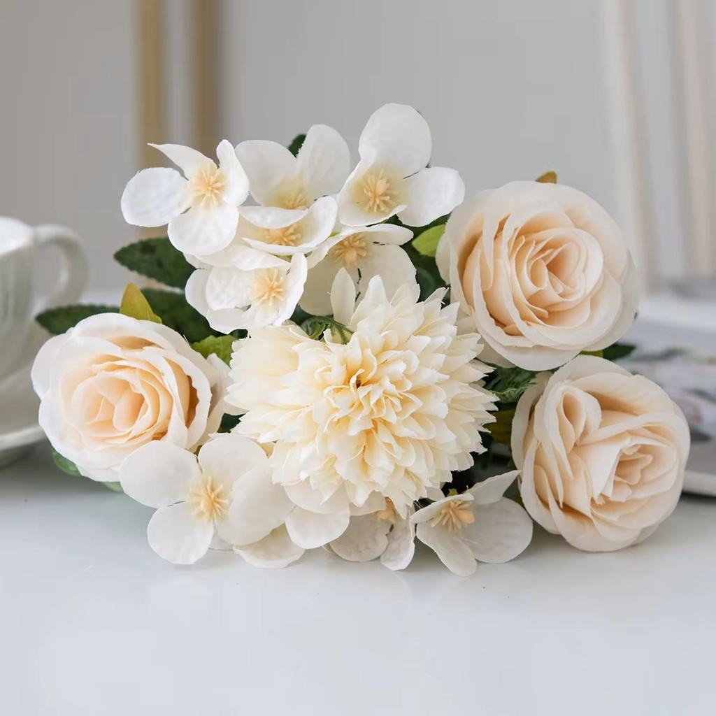 Artificial Flowers Retro Silk Rose Bouquet Hydrangea Peony Vintage Bride Holding Fake Plants Home Wedding Decoration Accessories