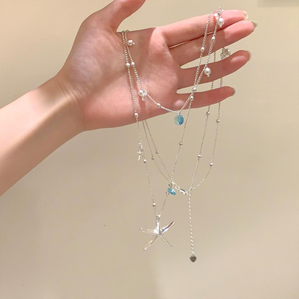 Blue Zircon Starfish Layered Necklace for Women, Summer Seaside Long Clavicle Chain Fashion Beach Jewelry