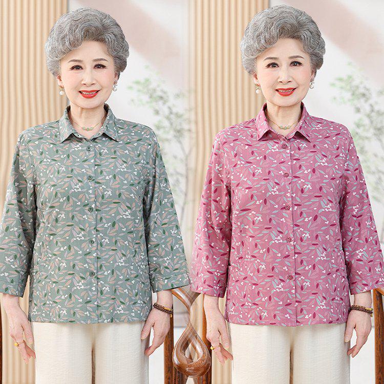 Women's Floral Pure Cotton Long-Sleeve Shirt for Elderly, Perfect for Spring & Autumn