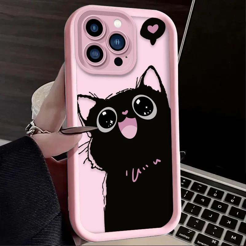 Lovely Black Cat love Heart Silicone Soft Phone Case For iPhone 16 15 14 13 12 11 Pro Max XS X XR 7 8 SE Shockproof
