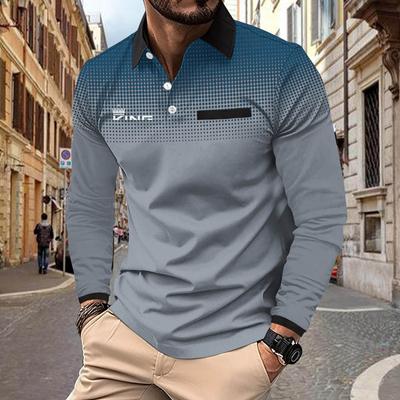 Pattern Print Autumn and Winter Men's Long Sleeved Lapel Polo Shirt Pocket Fashion Trend Men's Long Sleeved Top T-shirt