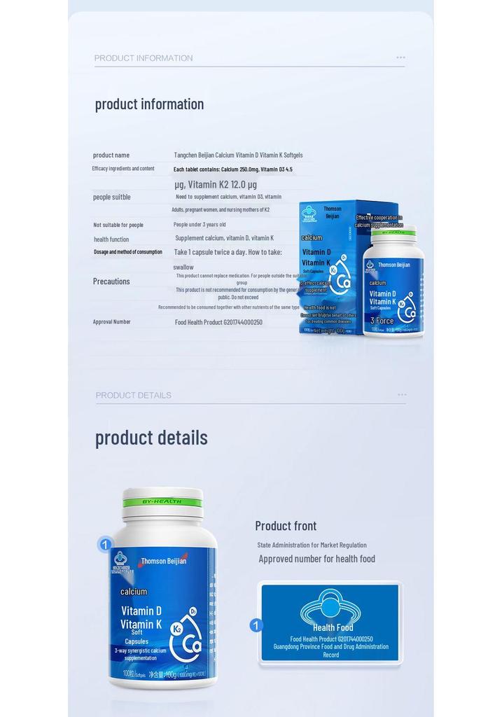 Tangchen Beijian Kalziumsupplement mit den Vitaminen D & K, 120 Kapseln - Echte Apothekenqualität