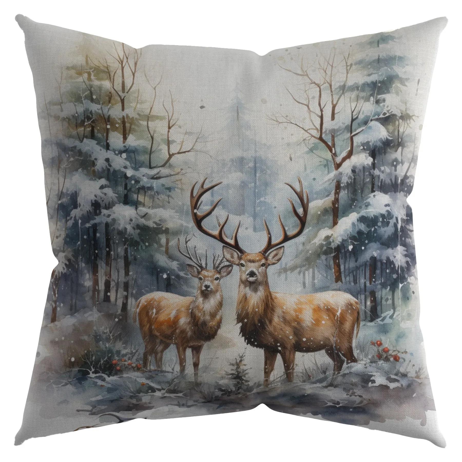 

Рождественская наволочка с акварельным рисунком лося, снеговика, дерева, камина, наволочка для диванной подушки, новогодний декор для дома 50x50CM(20x20in)