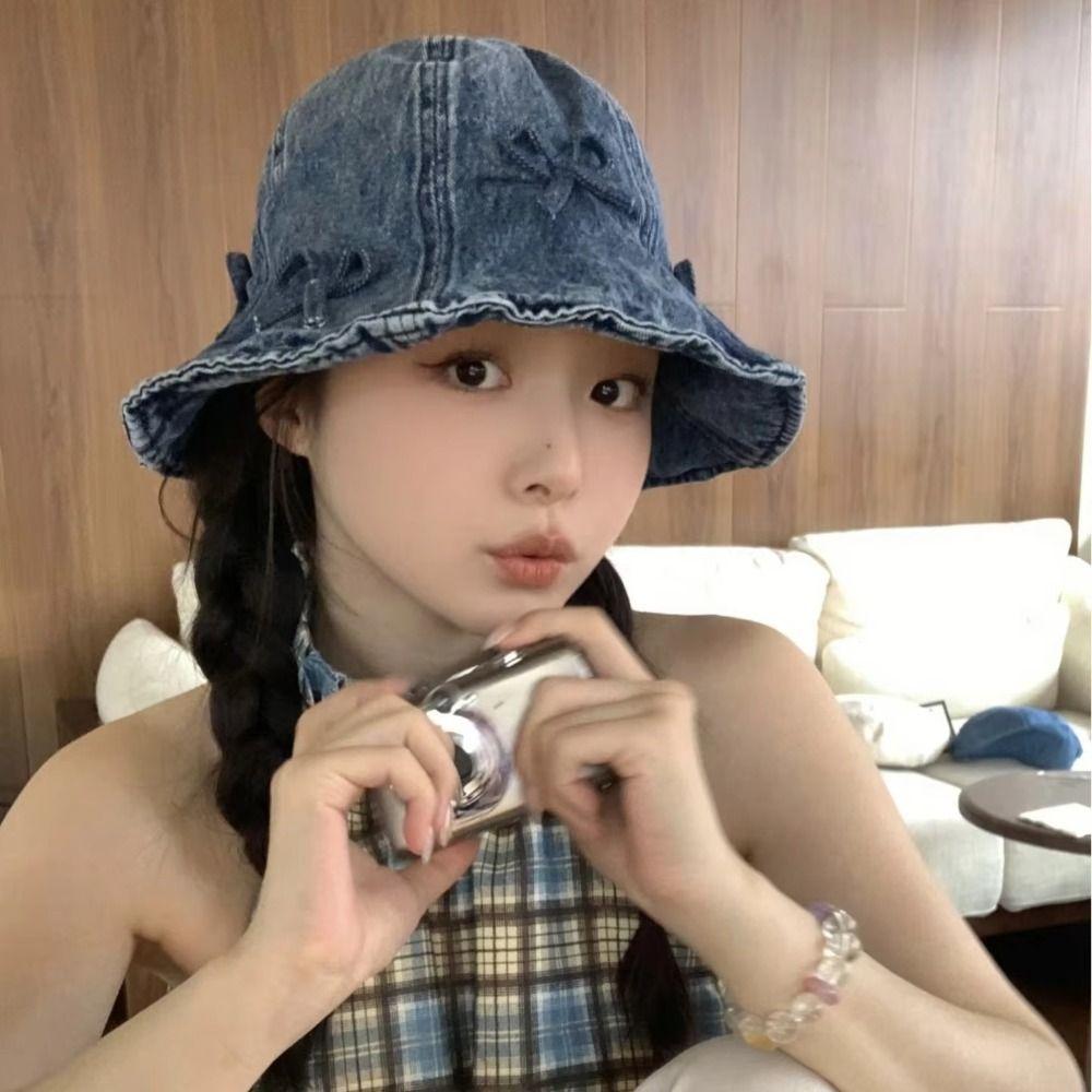 Korean Style Bow Fisherman Hat Sweet Sunscreen Hat Fashion Denim Bucket Hats  For Women