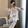 Ink Tie-Dye Ice Silk Pajamas Women'S Spring And Summer Ice Silk Long-Sleeved Fashion High-End Loungewear Suit