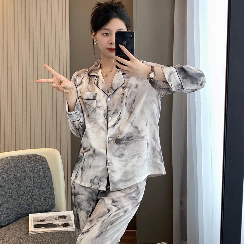 Ink Tie-Dye Ice Silk Pajamas Women'S Spring And Summer Ice Silk Long-Sleeved Fashion High-End Loungewear Suit
