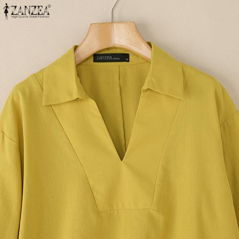 ZANZEA Women Casual Turn Down Collar Loose 3/4 Sleeve Cotton Blouse