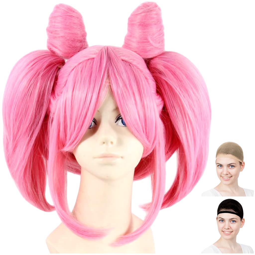 CaseEden Cosplay Wig, Short, Twin Tail & Bun Included, Heat-Resistant, Pink, Includes 2 Wig Nets