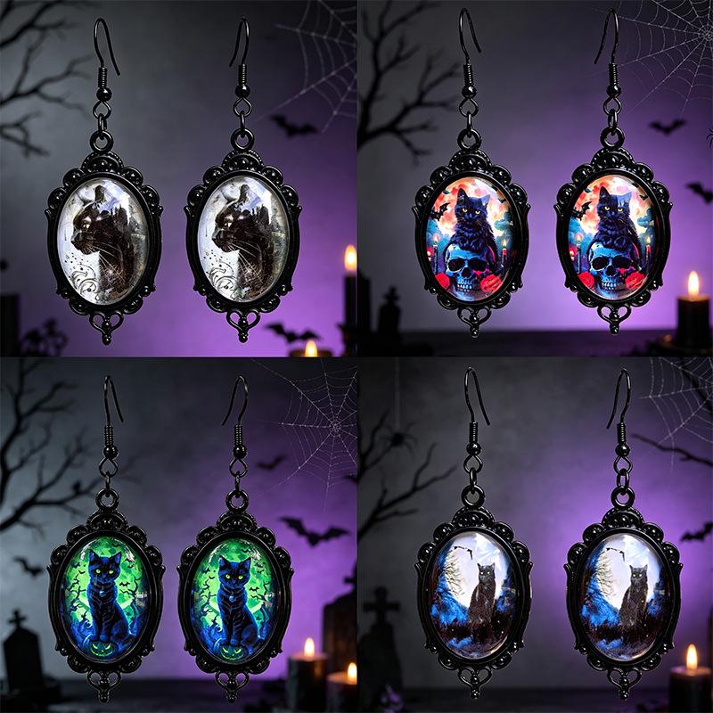 Gothic Black Cat Time Gem Earrings - Halloween Pendant Accessories