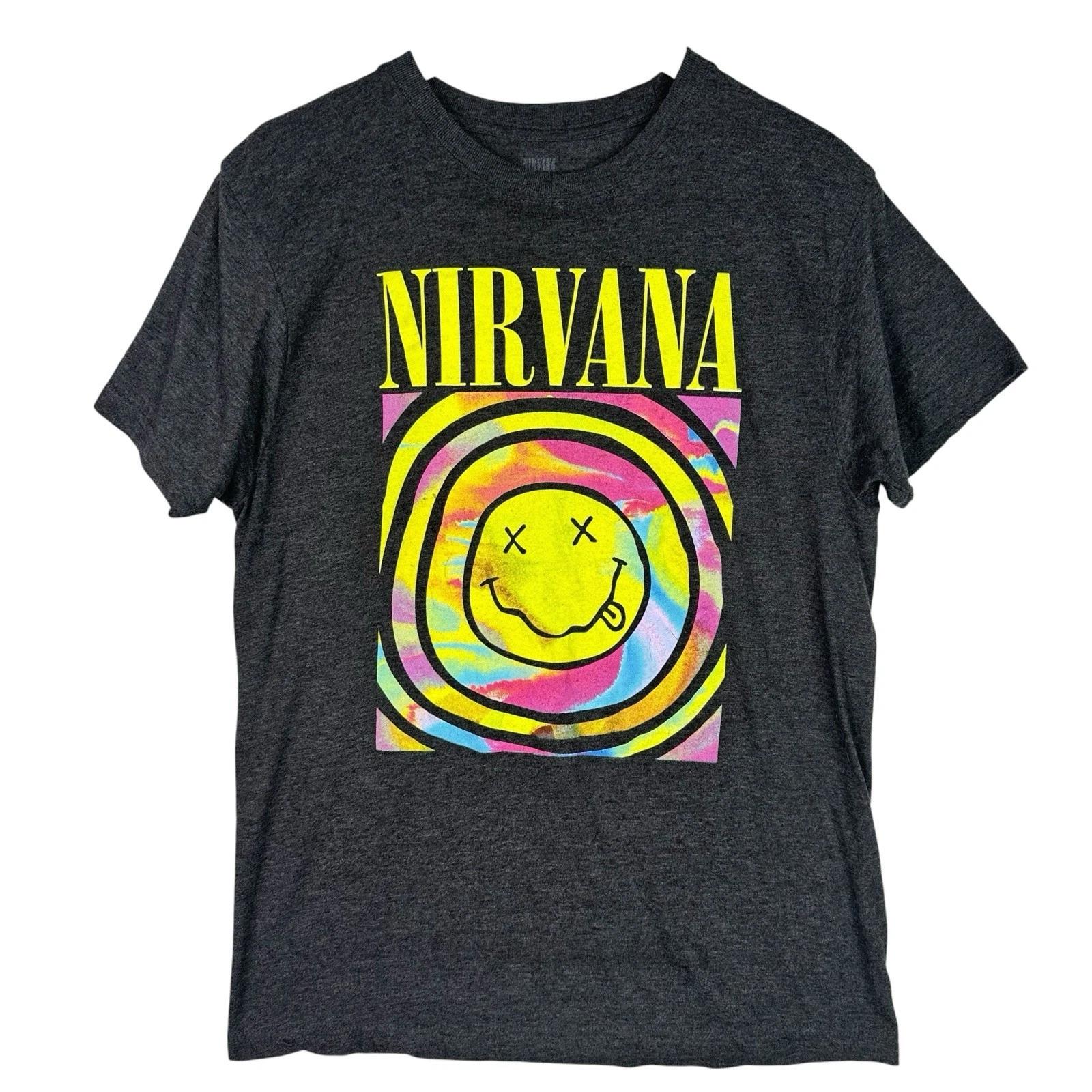 Nirvana Smiley Face T Shirt Womens L Gray Graphic Band Tee Tie Dye Logo Grunge S