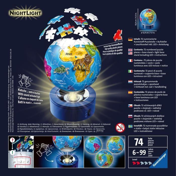 Ravensburger - puzzle 3d globe mappemonde avec led - 72 pièces