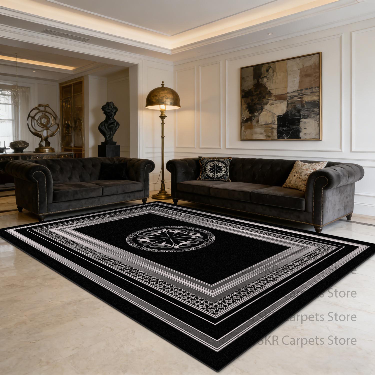 

Black Geometric Living Room Light Luxury Carpet Decoration Home Washable Non-slip Bedroom Premium Rug Short Velvet Office Mat 40cm x 60cm