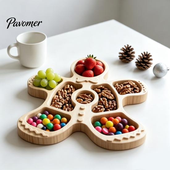 Solid Wood Fruit Bowls Wooden Christmas Divided Tray, Gingerbread Man Santa Xmas Tree Compartment Snack Rustic Kitchen Table Decor Platter,