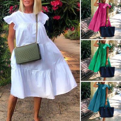 Vestido Midi elegante de verano con cuello redondo y manga mosca, vestido de fiesta con dobladillo oscilante y costuras con volantes, vestido veraniego de gran tamaño de Color sólido