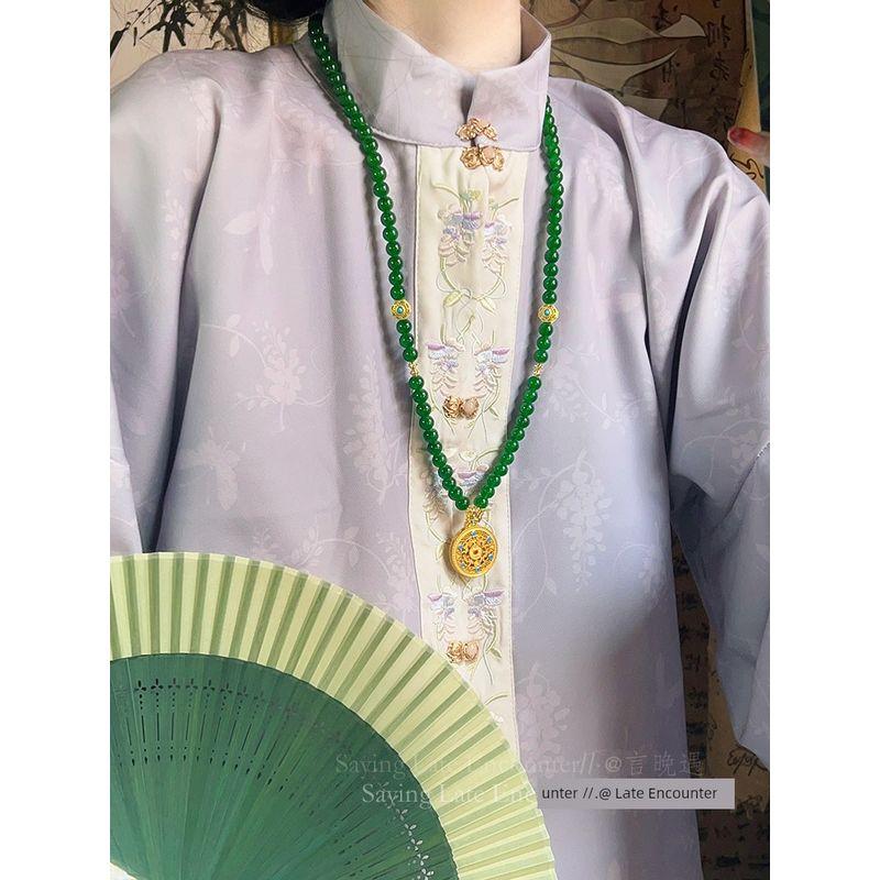 

National Style Good Luck Comes Alluvial Gold Sweater Chain Green Agate Time to Run Necklace