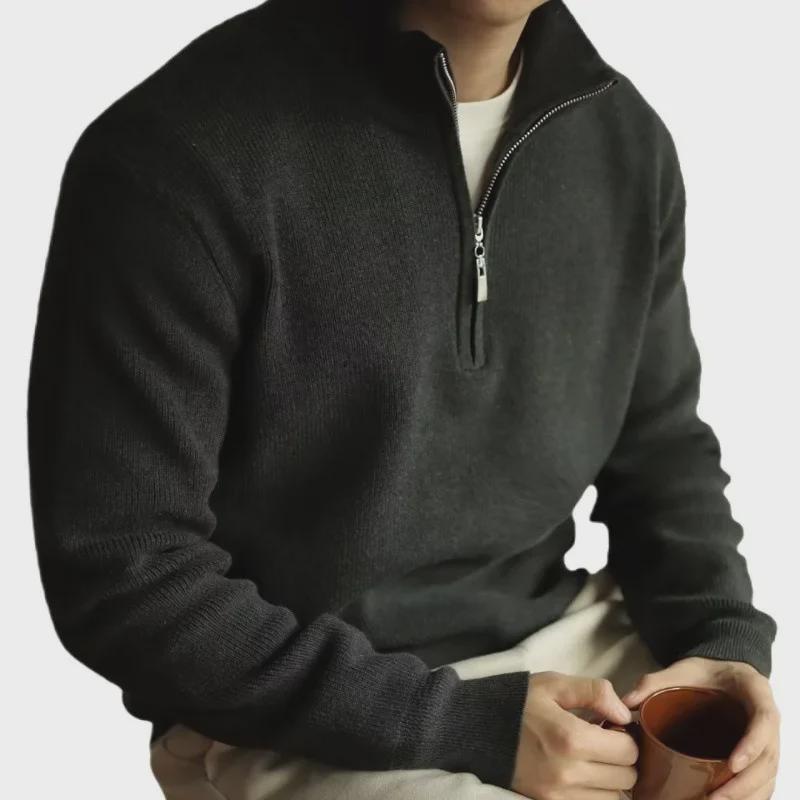 Men's Winter Long Sleeve V-Neck Zipper Polo Sweater 2024