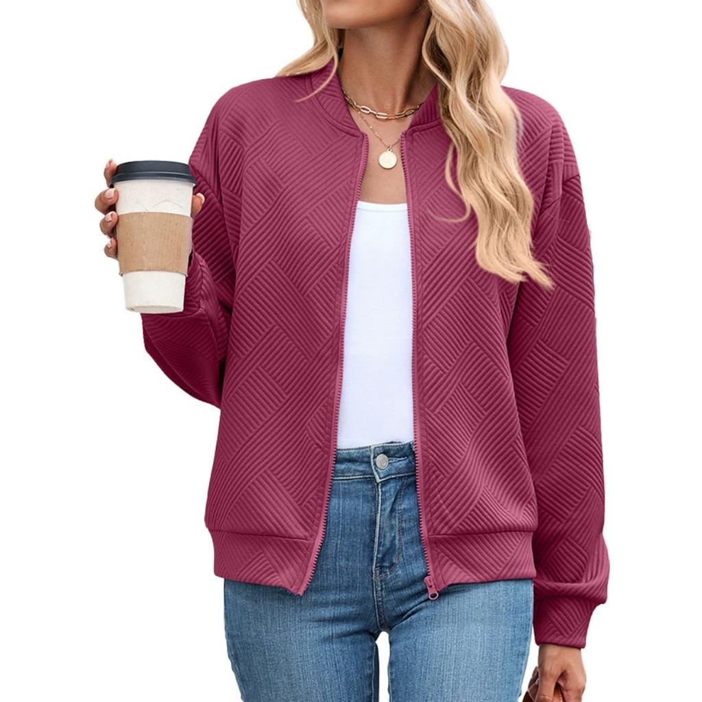 Spring Women's Short Jacket Solid Color Round Neck Zipper Loose Long-sleeved Sweater Baseball Uniform