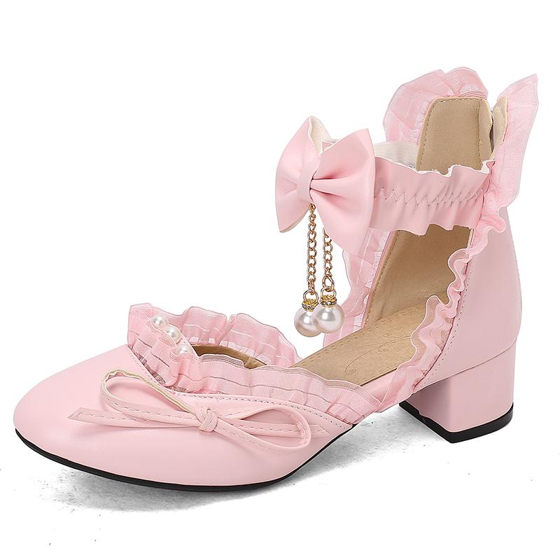 Fashion Spring Lace Ankle Strap Women High Heels Mary Jane Pumps Bead Party Wedding Cosplay White Pink Hairball Bow Princess Lolita Shoe