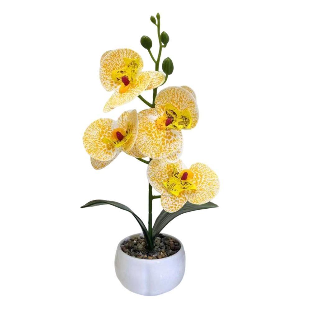 

Multicolor Artificial Orchid Bonsai White Flowerpot Green Leaves Simulation Flower Potted 4 Flower Photo Props жовтий