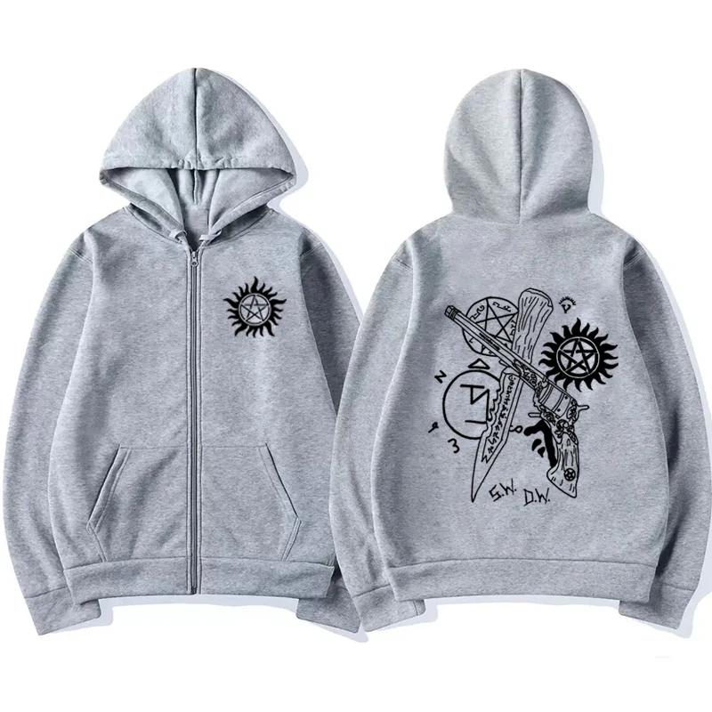 Pentagram Printed Zipper Hoodie Autumn Winter Women Casual Vintage Oversize Fashion Long Sleeve Fleece Sweatshirts