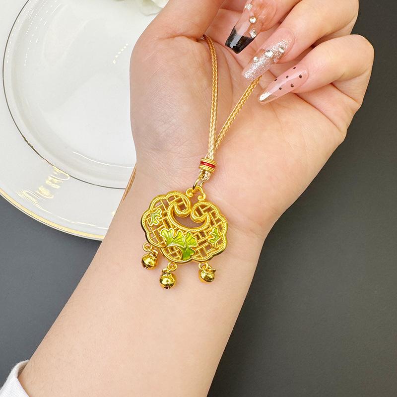 New Chinese Style Oil Dripping Ginkgo Leaf Ruyi Lock Hand-woven Rope Chain National Fashion Necklace Pendant 60CM(Necklace Long)