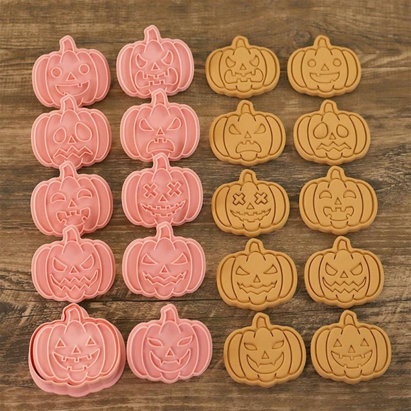 10x Cartoon Fun Biscuits Mould Set Halloween Pumpkin Cookie Cutter Stamp Plastic Biscuit Pastry Cutters Cake Decors