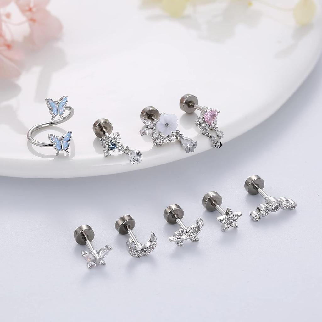 Bobisty 16G Cartilage Earrings for Women Stainless Steel Helix Piercing Jewelry Leaf Butterfly CZ Studs