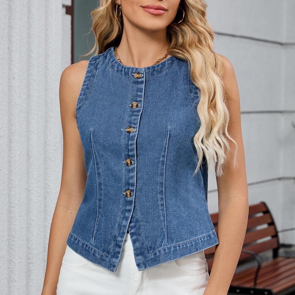 Women's Fashionable Solid Color Sleeveless Washed Denim Vest Top