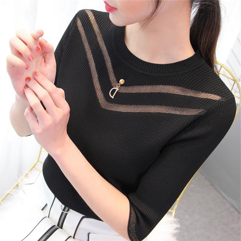 Šifonové tričko s kulatým výstřihem Dámské pletené volné střední a krátké rukávy Top Jarní Léto Košile Ženy