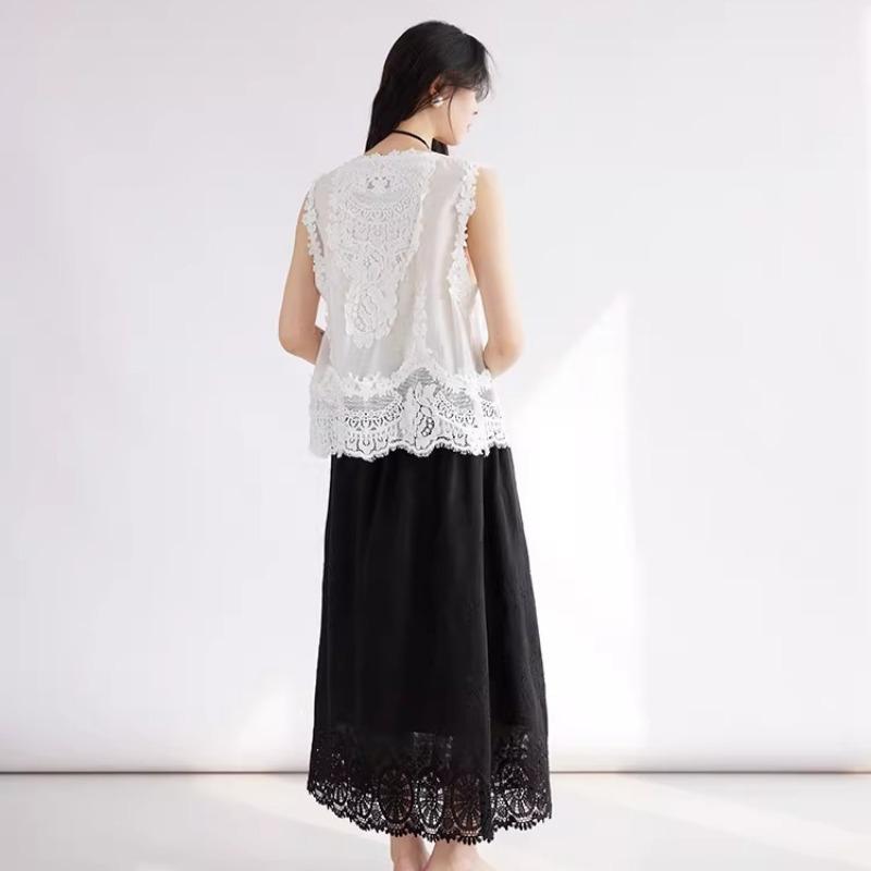 DIMANAF 2026 Weste T-Shirt Damen Spitze Rundhalsausschnitt Ausgeschnitten Sommerstil Basic Tops Neue T-Shirts Lockere Weste