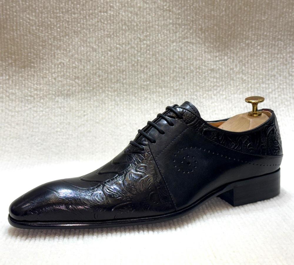Fashion Luxury Men's Genuine Leather Dress Shoes Black Red Pointed Cap Toe Formal Oxford Lace-Up Party Wedding Footwear