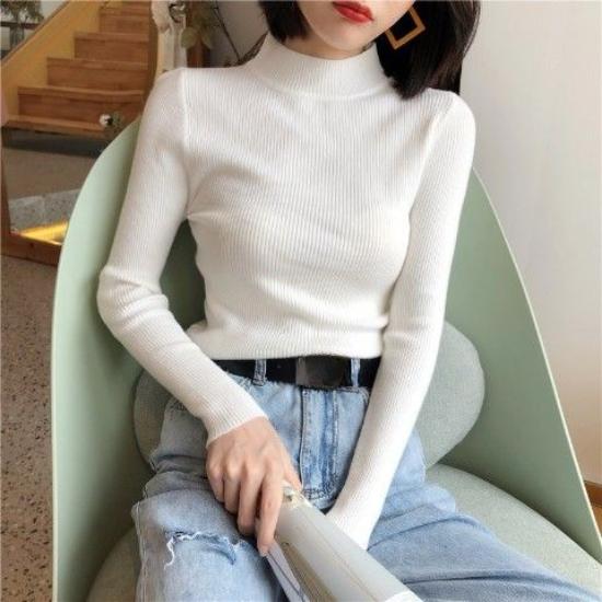 Autumn Winter Women's Stretch Knitted Sweater  Half Turtleneck Jumper Tight Short Knitted Bottoming Shirt Pullover Jumper Knitted Tops